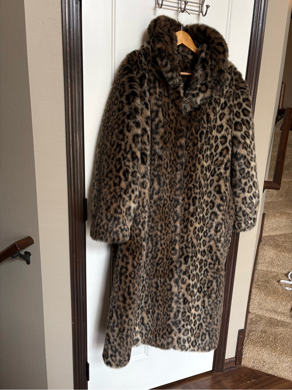 Vintage 90s Donna Salyers Fabulous Furs Full Length Leopard Faux Fur Coat Glam